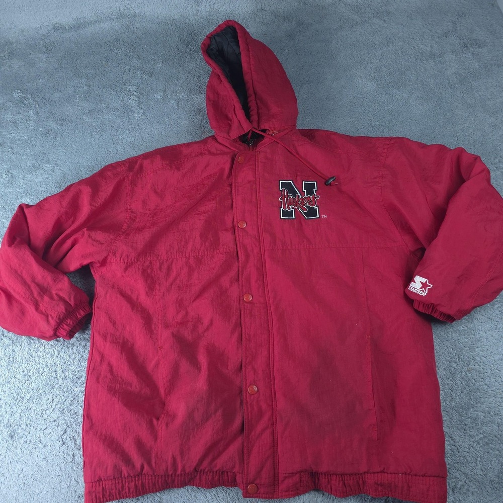 Vintage Nebraska Cornhuskers Jacket Mens 2XL Red NCAA Football Starter Hooded